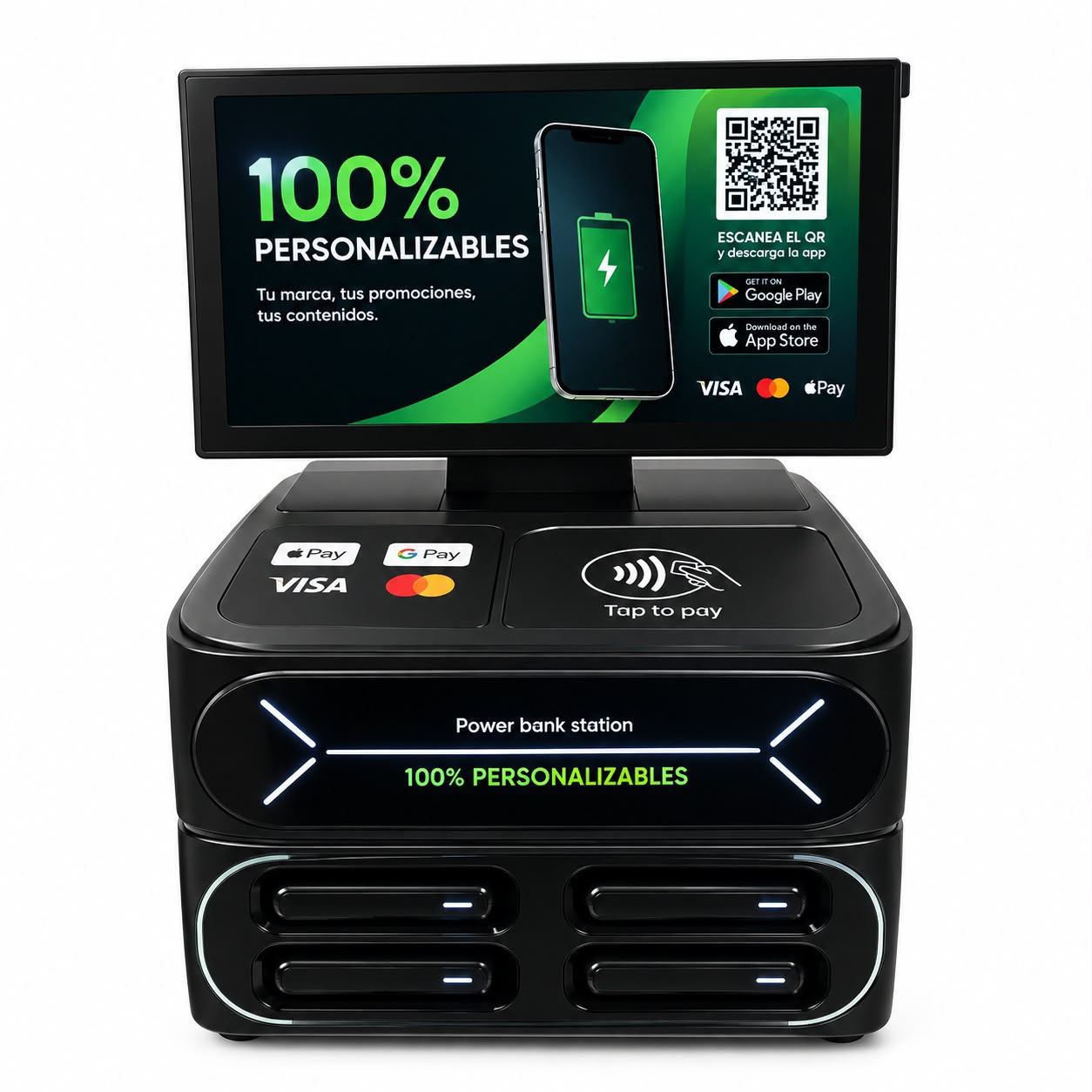 Estación Goma PowerBanking con pantalla personalizable, TPV contactless y cuatro baterías